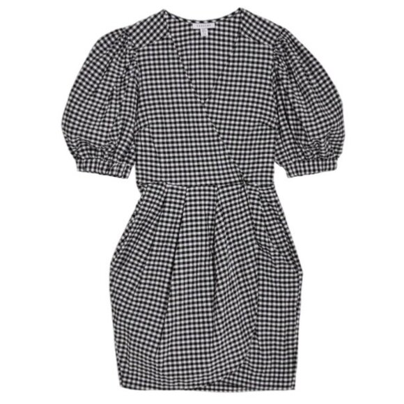 Topshop Dresses & Skirts - Topshop Black & White Gingham Puff Sleeve Wrap Mini Dress Size 6
